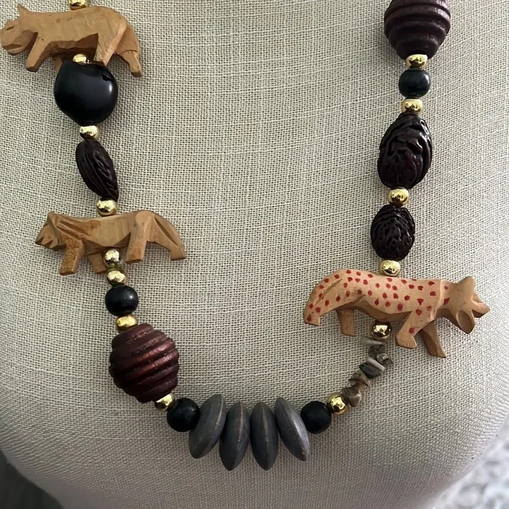 Vintage purple & Beige Beaded & Tribal Animal Statement Necklace